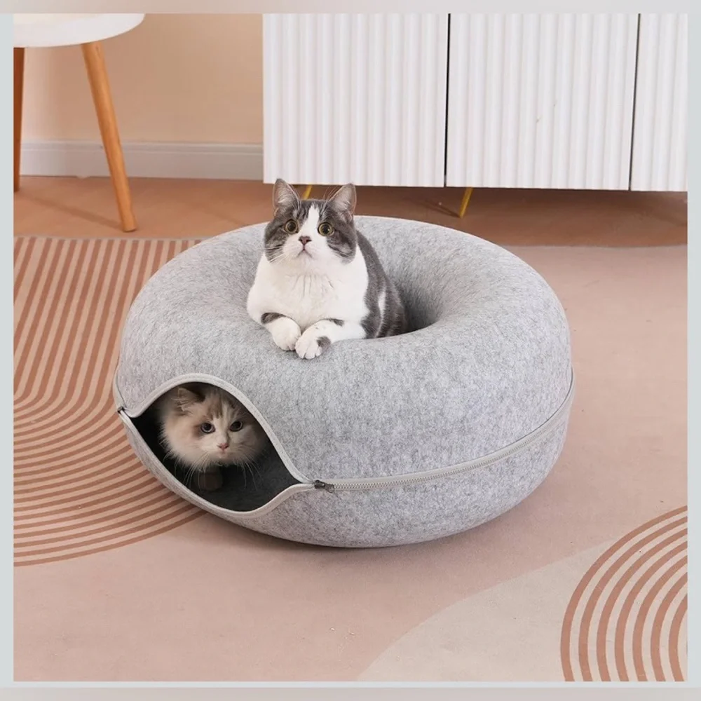 New Large Cat Tunnel Bed for Indoor Cats, Scratch Resistant Donut Cat Bed